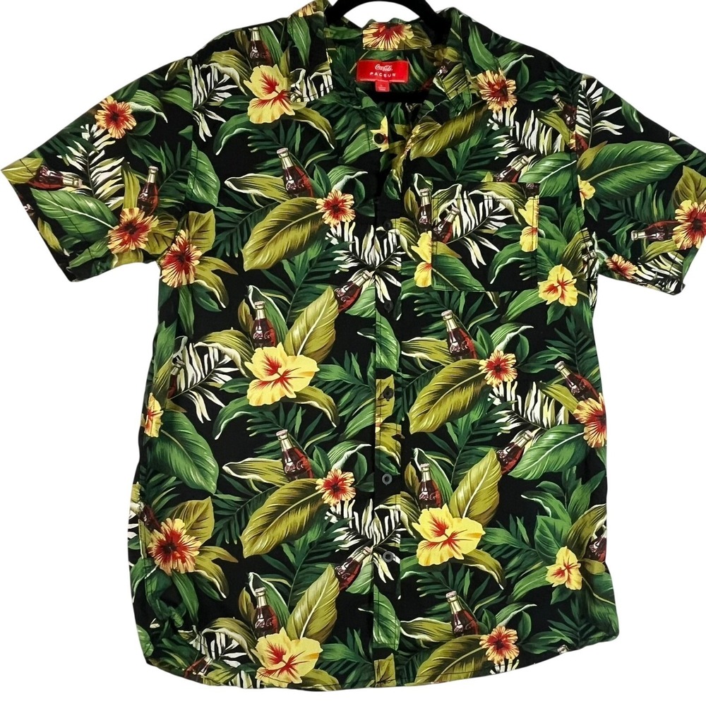 PacSun Coca-Cola Button Up Shirt Black Tropical Floral Hibiscus Large